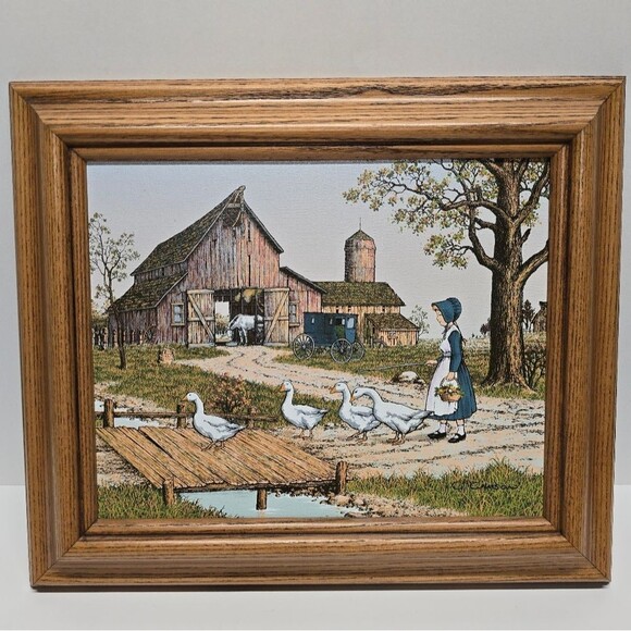 C.Carson Serigraph Vintage Oil Painting Barn Girl Geese Amish Folk Farm Signed - Picture 1 of 8